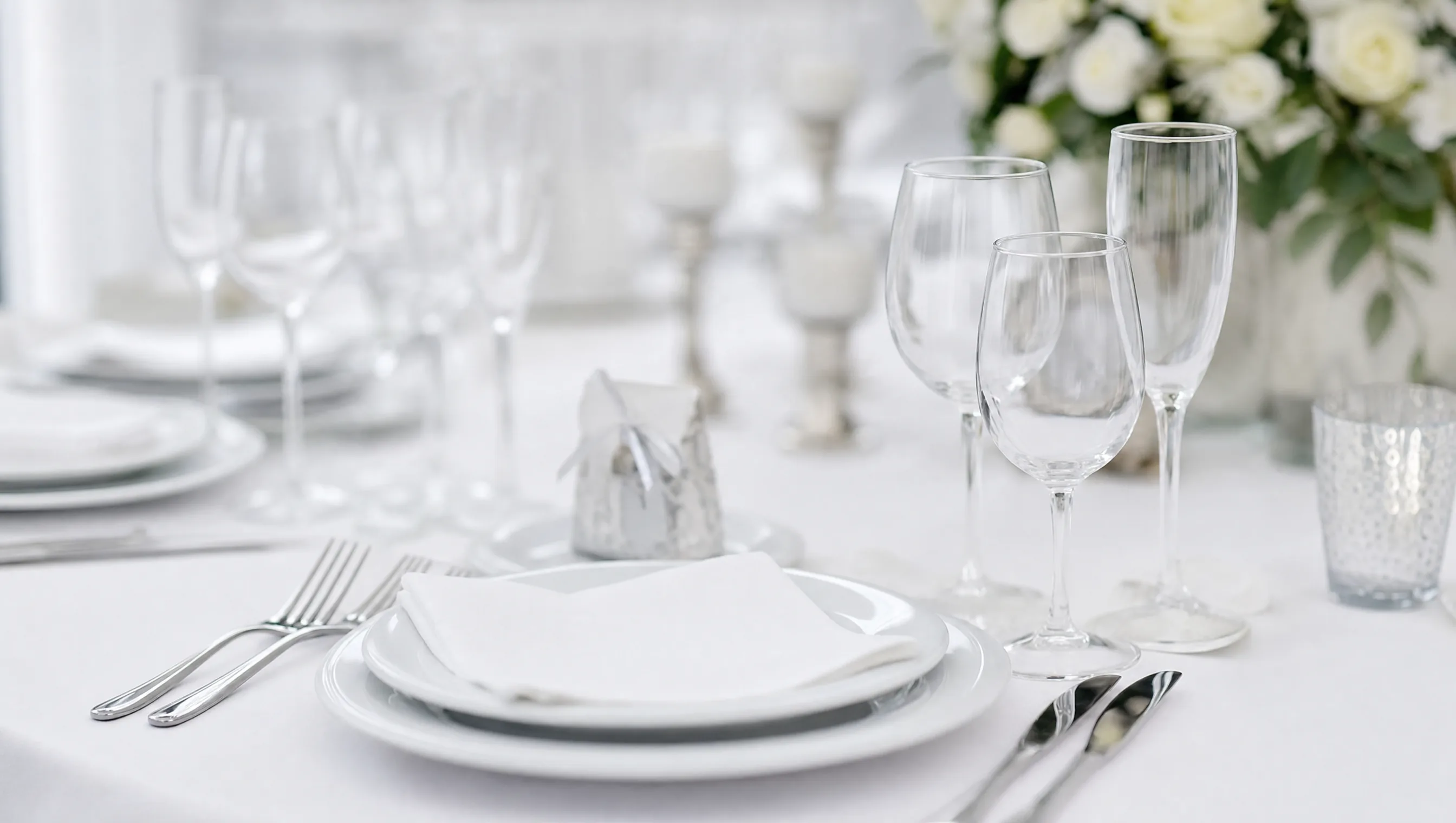 Table de réception dressée en blanc, verres et couverts